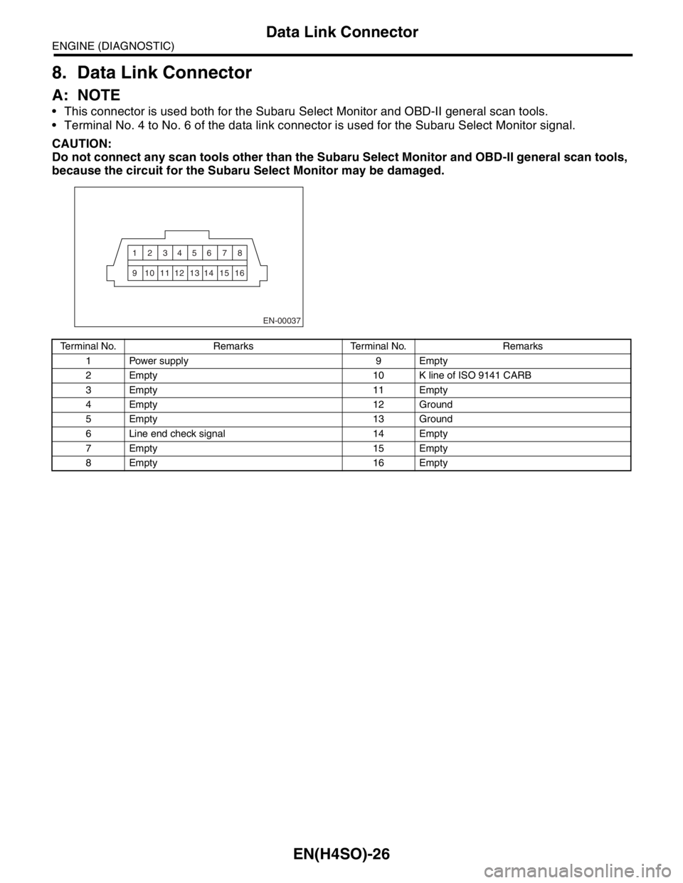SUBARU FORESTER 2004 Service Repair Manual EN(H4SO)-26
ENGINE (DIAGNOSTIC)
Data Link Connector
8. Data Link Connector
A: NOTE
This connector is used both for the Subaru Select Monitor and OBD-II general scan tools.
Terminal No. 4 to No. 6 SUBARU FORESTER 2004 Service Repair Manual EN(H4SO)-26
ENGINE (DIAGNOSTIC)
Data Link Connector
8. Data Link Connector
A: NOTE
This connector is used both for the Subaru Select Monitor and OBD-II general scan tools.
Terminal No. 4 to No. 6