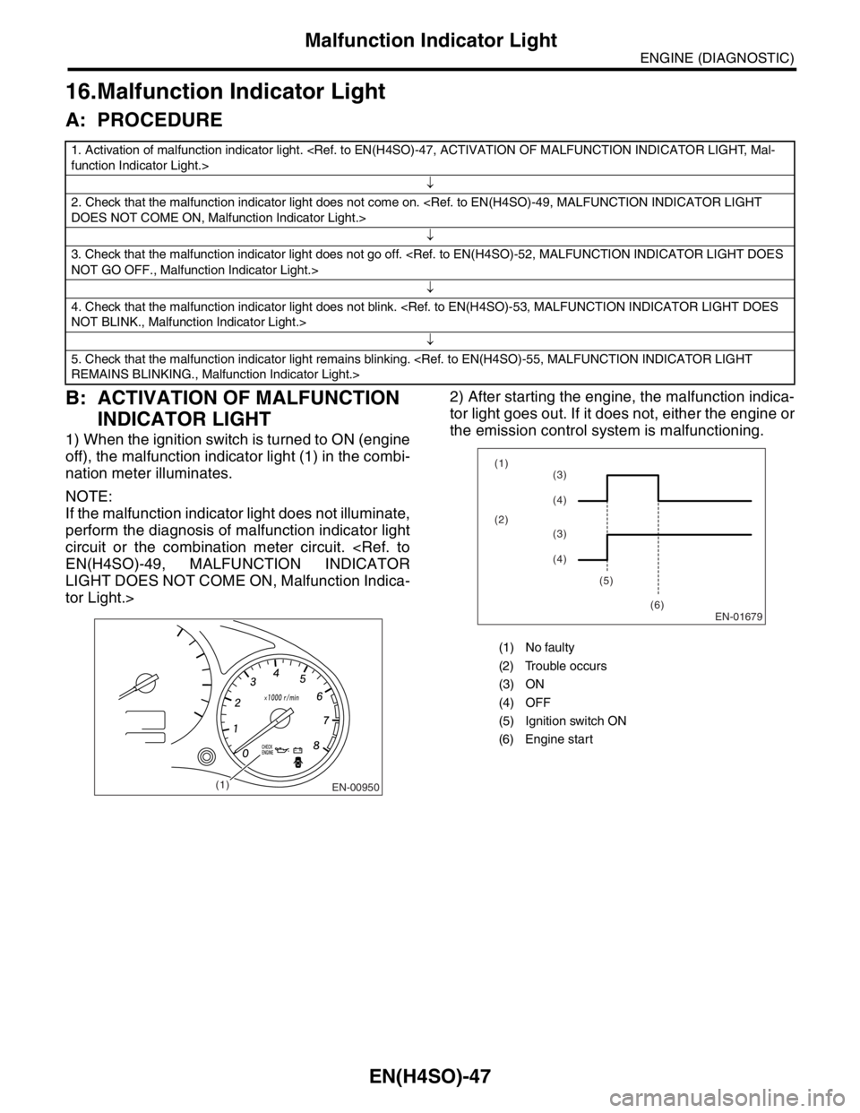 SUBARU FORESTER 2004 Service Repair Manual EN(H4SO)-47
ENGINE (DIAGNOSTIC)
Malfunction Indicator Light
16.Malfunction Indicator Light
A: PROCEDURE
B: ACTIVATION OF MALFUNCTION
INDICATOR LIGHT
1) When the ignition switch is turned to ON (engin SUBARU FORESTER 2004 Service Repair Manual EN(H4SO)-47
ENGINE (DIAGNOSTIC)
Malfunction Indicator Light
16.Malfunction Indicator Light
A: PROCEDURE
B: ACTIVATION OF MALFUNCTION
INDICATOR LIGHT
1) When the ignition switch is turned to ON (engin