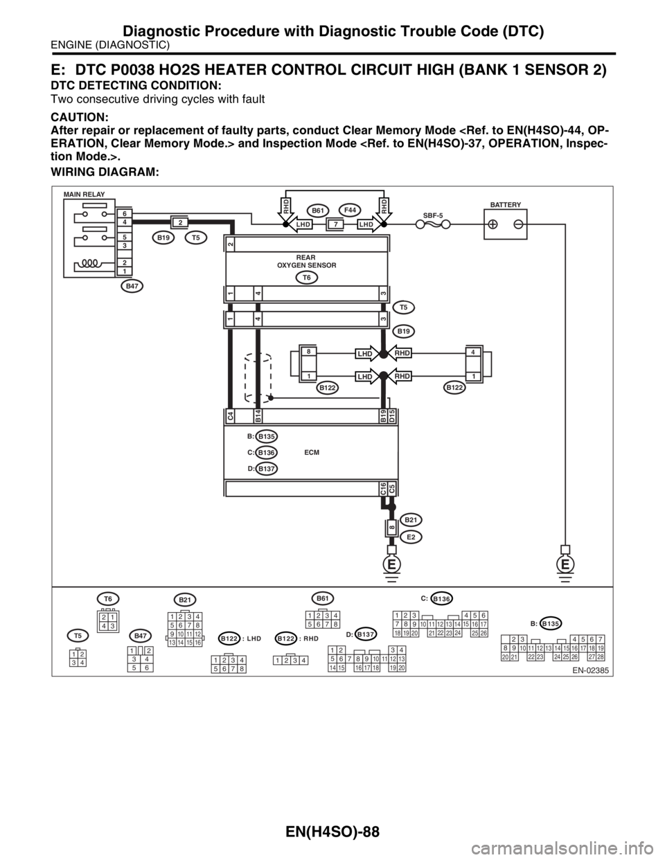 SUBARU FORESTER 2004  Service Repair Manual EN(H4SO)-88
ENGINE (DIAGNOSTIC)
Diagnostic Procedure with Diagnostic Trouble Code (DTC)
E: DTC P0038 HO2S HEATER CONTROL CIRCUIT HIGH (BANK 1 SENSOR 2)
DTC DETECTING CONDITION:
Two consecutive driving