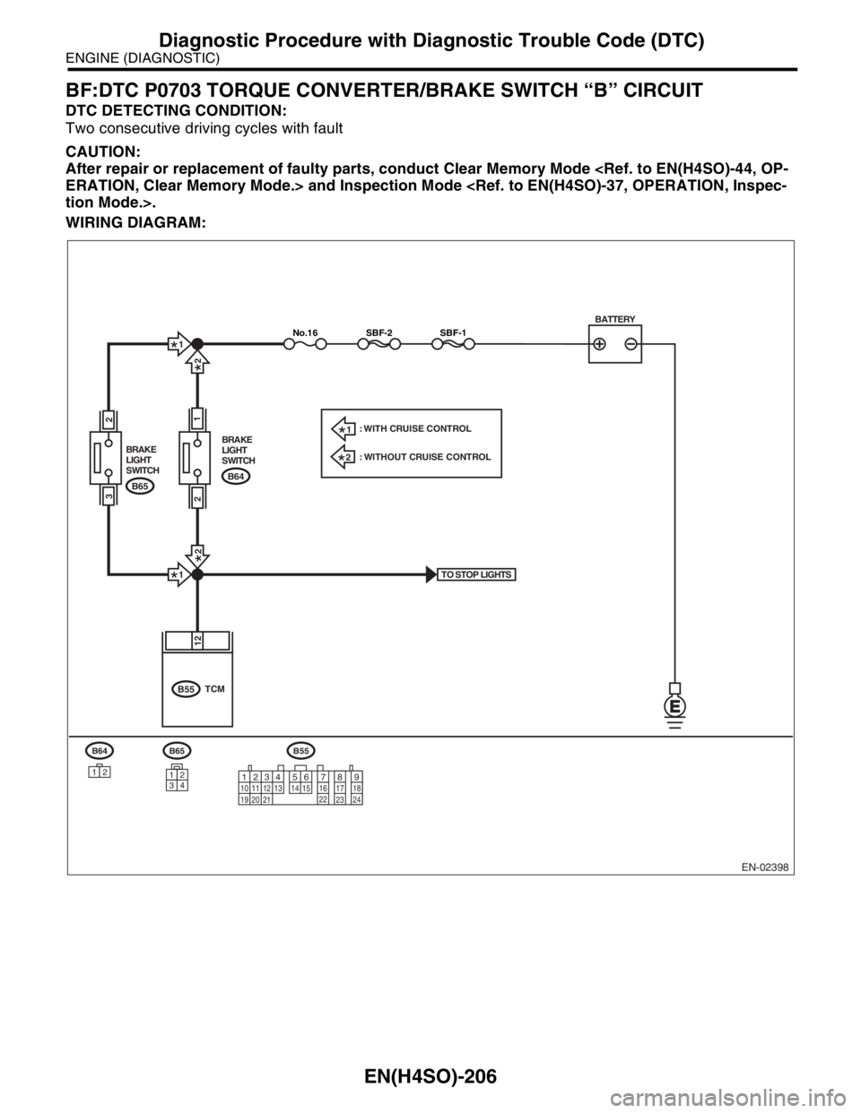 SUBARU FORESTER 2004  Service Repair Manual EN(H4SO)-206
ENGINE (DIAGNOSTIC)
Diagnostic Procedure with Diagnostic Trouble Code (DTC)
BF:DTC P0703 TORQUE CONVERTER/BRAKE SWITCH “B” CIRCUIT
DTC DETECTING CONDITION:
Two consecutive driving cyc