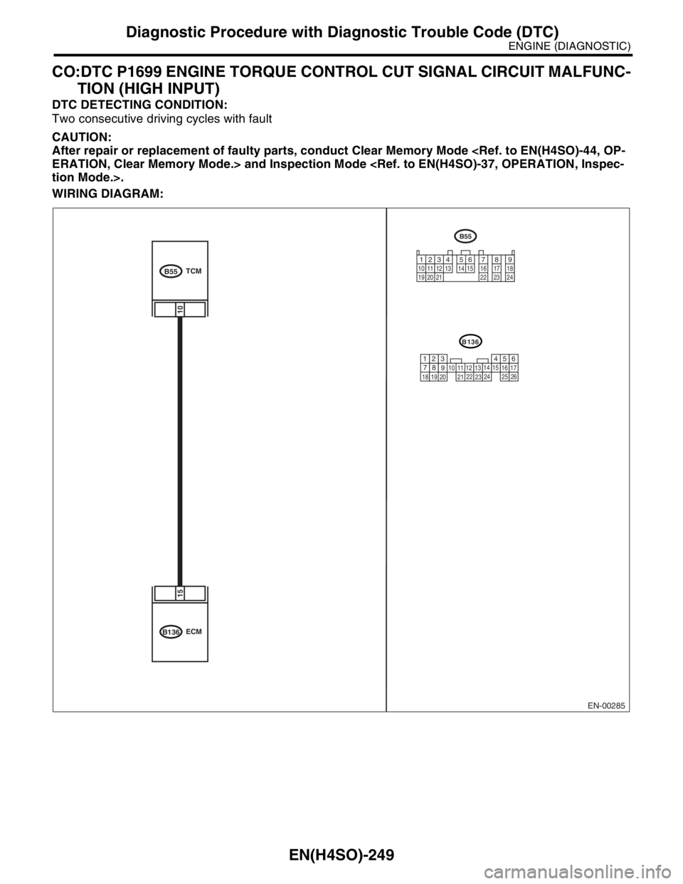 SUBARU FORESTER 2004 Service Repair Manual EN(H4SO)-249
ENGINE (DIAGNOSTIC)
Diagnostic Procedure with Diagnostic Trouble Code (DTC)
CO:DTC P1699 ENGINE TORQUE CONTROL CUT SIGNAL CIRCUIT MALFUNC-
TION (HIGH INPUT)
DTC DETECTING CONDITION:
Two c SUBARU FORESTER 2004 Service Repair Manual EN(H4SO)-249
ENGINE (DIAGNOSTIC)
Diagnostic Procedure with Diagnostic Trouble Code (DTC)
CO:DTC P1699 ENGINE TORQUE CONTROL CUT SIGNAL CIRCUIT MALFUNC-
TION (HIGH INPUT)
DTC DETECTING CONDITION:
Two c