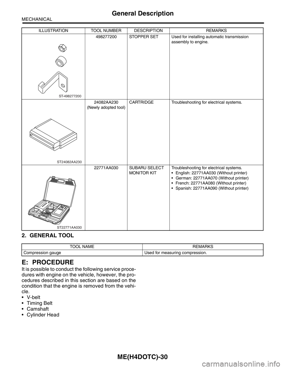 SUBARU FORESTER 2004  Service Repair Manual ME(H4DOTC)-30
MECHANICAL
General Description
2. GENERAL TOOL
E: PROCEDURE
It is possible to conduct the following service proce-
dures with engine on the vehicle, however, the pro-
cedures described i
