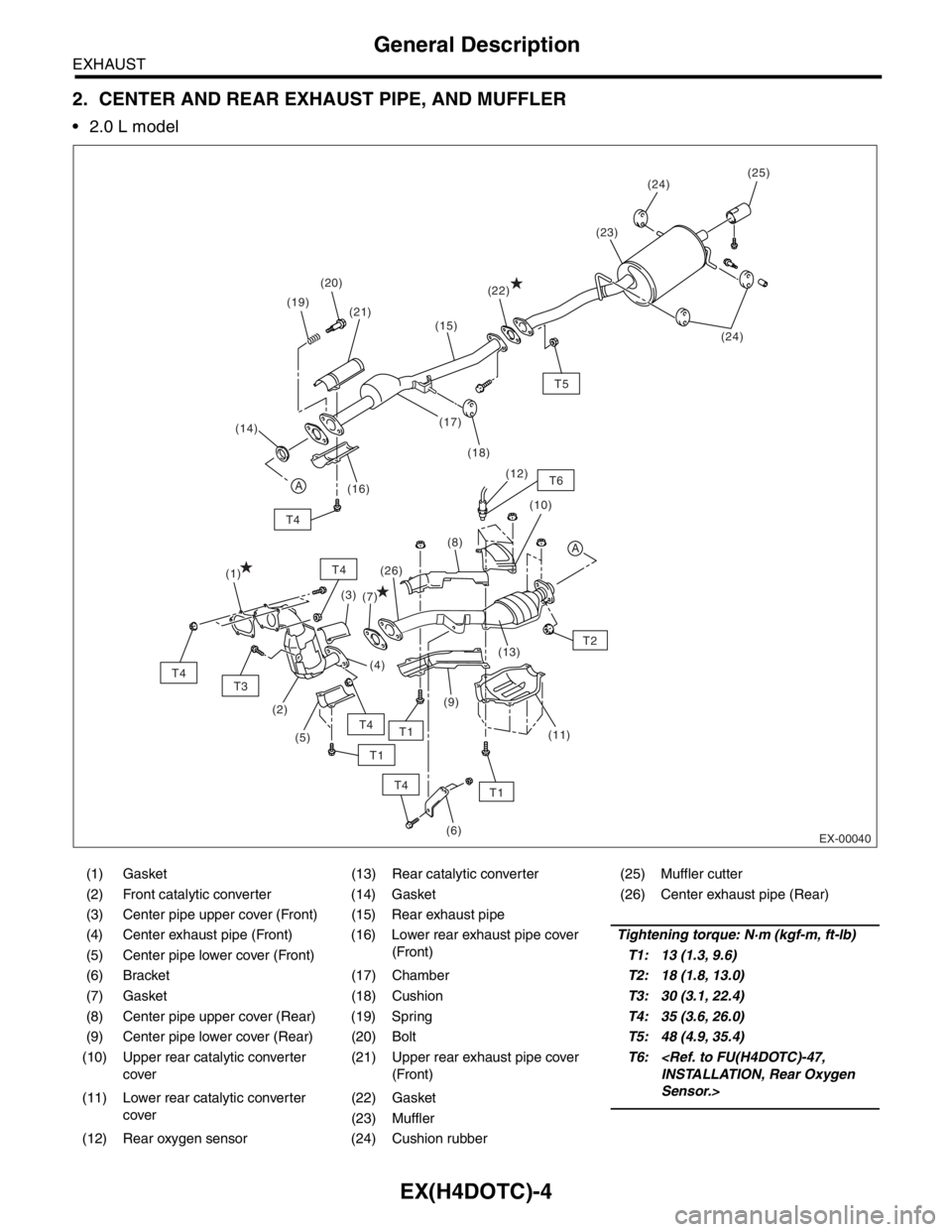 SUBARU FORESTER 2004  Service Repair Manual EX(H4DOTC)-4
EXHAUST
General Description
2. CENTER AND REAR EXHAUST PIPE, AND MUFFLER
 2.0 L model
(1) Gasket (13) Rear catalytic converter (25) Muffler cutter
(2) Front catalytic converter (14) Gask