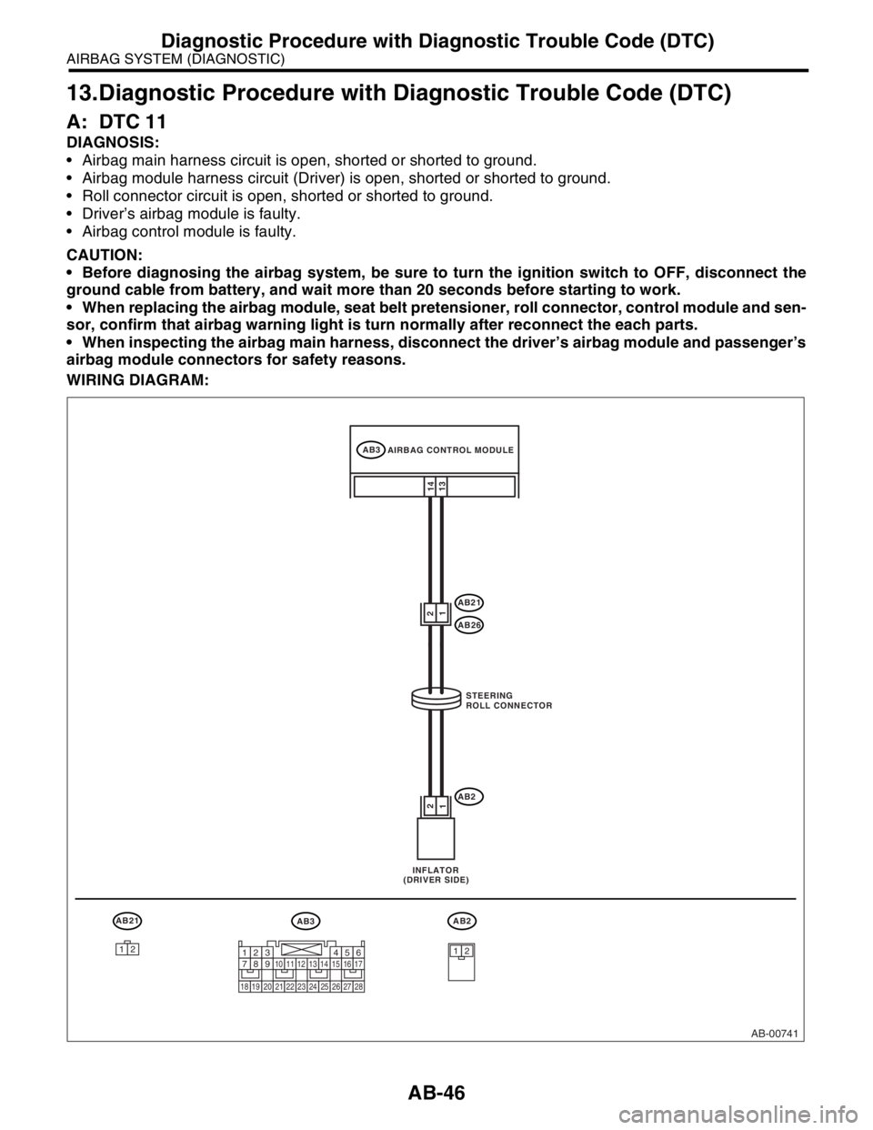 SUBARU FORESTER 2004 Service Repair Manual AB-46
AIRBAG SYSTEM (DIAGNOSTIC)
Diagnostic Procedure with Diagnostic Trouble Code (DTC)
13.Diagnostic Procedure with Diagnostic Trouble Code (DTC)
A: DTC 11
DIAGNOSIS:
Airbag main harness circuit i SUBARU FORESTER 2004 Service Repair Manual AB-46
AIRBAG SYSTEM (DIAGNOSTIC)
Diagnostic Procedure with Diagnostic Trouble Code (DTC)
13.Diagnostic Procedure with Diagnostic Trouble Code (DTC)
A: DTC 11
DIAGNOSIS:
Airbag main harness circuit i