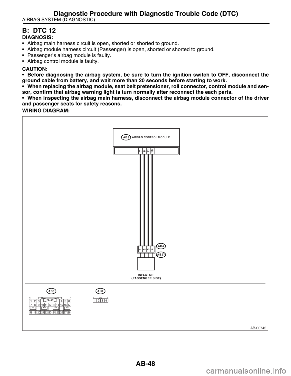 SUBARU FORESTER 2004 Service Repair Manual AB-48
AIRBAG SYSTEM (DIAGNOSTIC)
Diagnostic Procedure with Diagnostic Trouble Code (DTC)
B: DTC 12
DIAGNOSIS:
Airbag main harness circuit is open, shorted or shorted to ground.
Airbag module harne SUBARU FORESTER 2004 Service Repair Manual AB-48
AIRBAG SYSTEM (DIAGNOSTIC)
Diagnostic Procedure with Diagnostic Trouble Code (DTC)
B: DTC 12
DIAGNOSIS:
Airbag main harness circuit is open, shorted or shorted to ground.
Airbag module harne