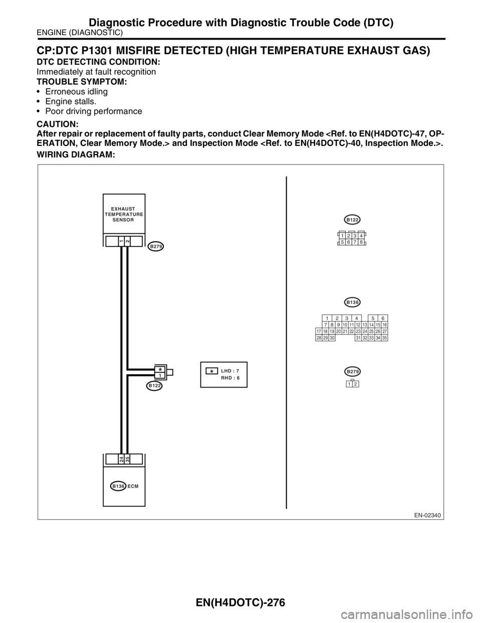 SUBARU FORESTER 2004 Service Repair Manual EN(H4DOTC)-276
ENGINE (DIAGNOSTIC)
Diagnostic Procedure with Diagnostic Trouble Code (DTC)
CP:DTC P1301 MISFIRE DETECTED (HIGH TEMPERATURE EXHAUST GAS)
DTC DETECTING CONDITION:
Immediately at fault re SUBARU FORESTER 2004 Service Repair Manual EN(H4DOTC)-276
ENGINE (DIAGNOSTIC)
Diagnostic Procedure with Diagnostic Trouble Code (DTC)
CP:DTC P1301 MISFIRE DETECTED (HIGH TEMPERATURE EXHAUST GAS)
DTC DETECTING CONDITION:
Immediately at fault re