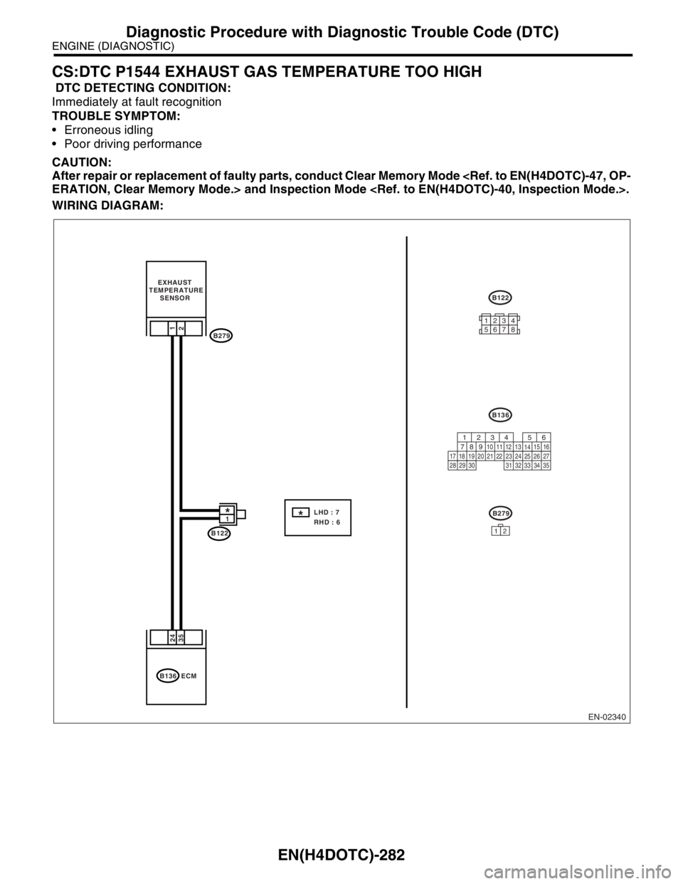 SUBARU FORESTER 2004  Service Repair Manual EN(H4DOTC)-282
ENGINE (DIAGNOSTIC)
Diagnostic Procedure with Diagnostic Trouble Code (DTC)
CS:DTC P1544 EXHAUST GAS TEMPERATURE TOO HIGH
 DTC DETECTING CONDITION:
Immediately at fault recognition
TROU