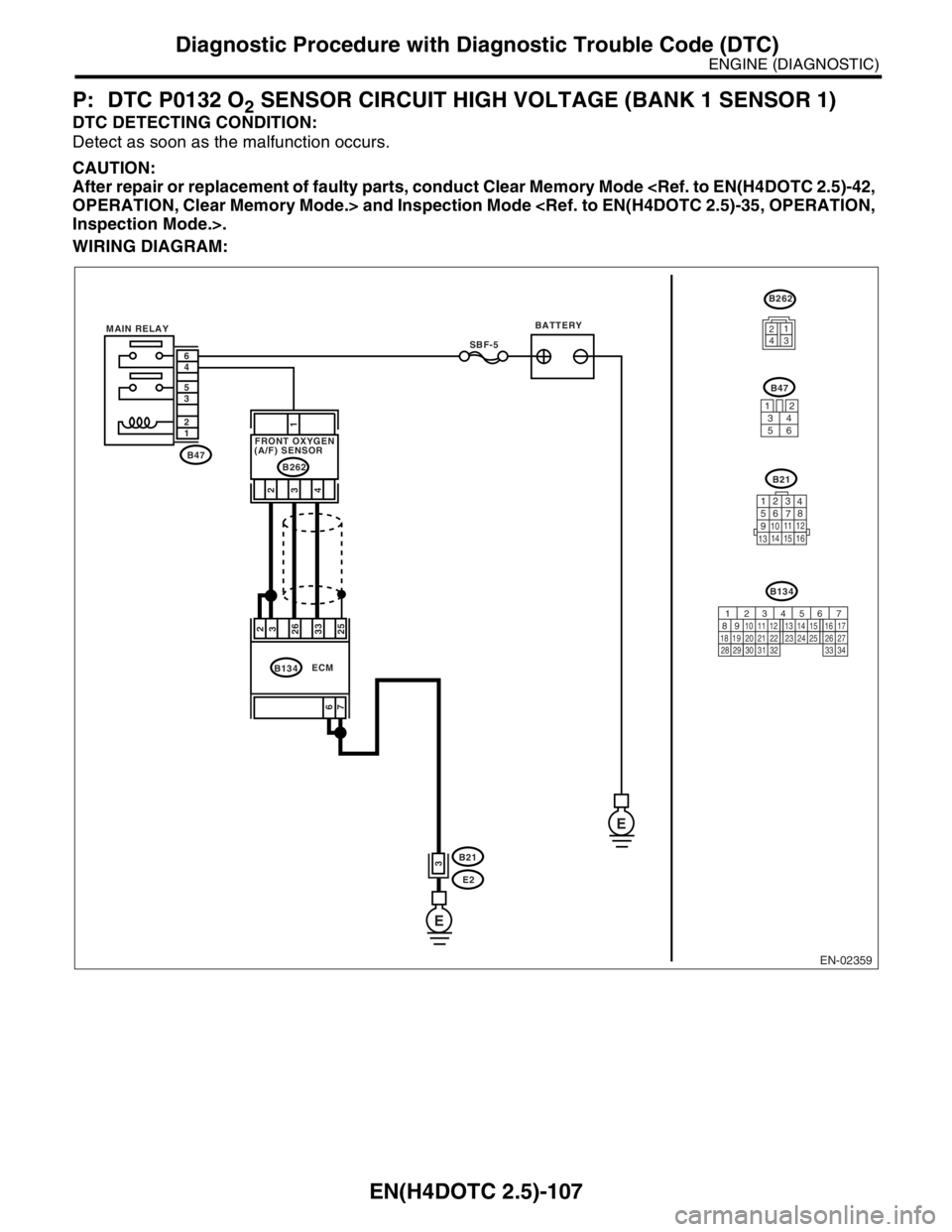 SUBARU FORESTER 2004 Service Repair Manual EN(H4DOTC 2.5)-107
ENGINE (DIAGNOSTIC)
Diagnostic Procedure with Diagnostic Trouble Code (DTC)
P: DTC P0132 O2 SENSOR CIRCUIT HIGH VOLTAGE (BANK 1 SENSOR 1)
DTC DETECTING CONDITION:
Detect as soon as SUBARU FORESTER 2004 Service Repair Manual EN(H4DOTC 2.5)-107
ENGINE (DIAGNOSTIC)
Diagnostic Procedure with Diagnostic Trouble Code (DTC)
P: DTC P0132 O2 SENSOR CIRCUIT HIGH VOLTAGE (BANK 1 SENSOR 1)
DTC DETECTING CONDITION:
Detect as soon as