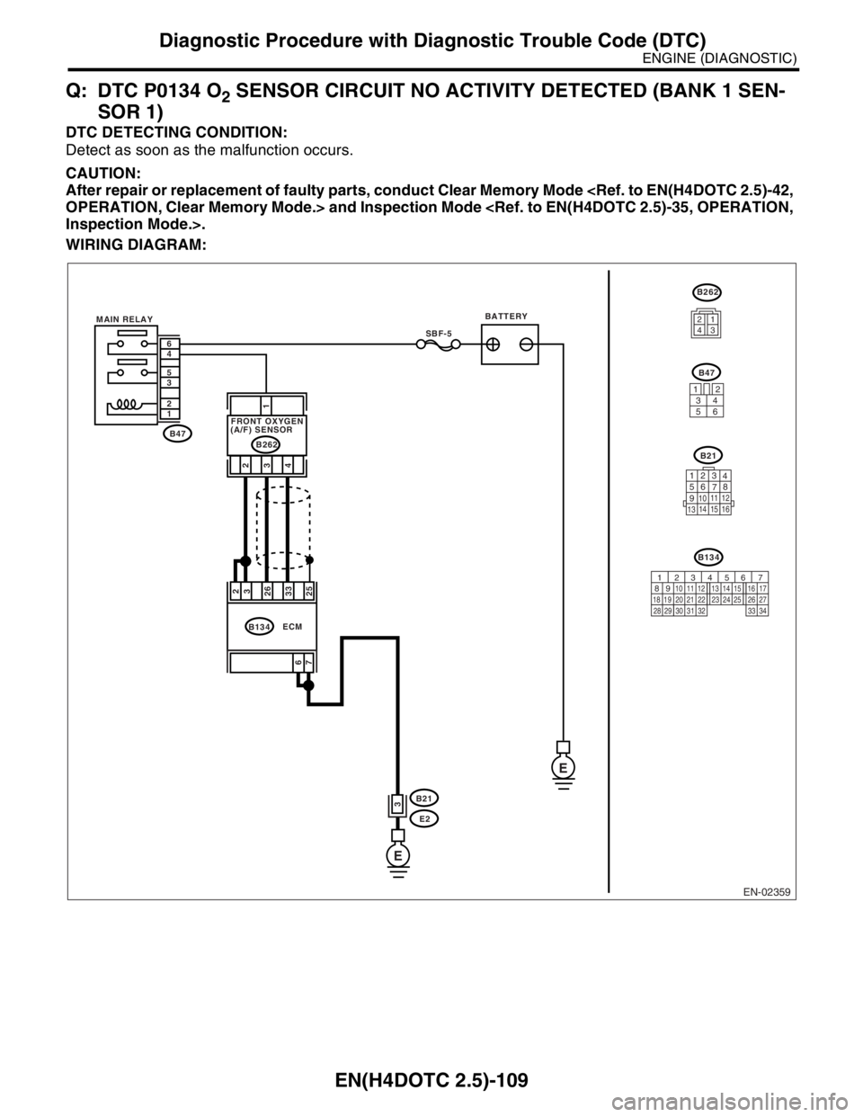 SUBARU FORESTER 2004 Service Repair Manual EN(H4DOTC 2.5)-109
ENGINE (DIAGNOSTIC)
Diagnostic Procedure with Diagnostic Trouble Code (DTC)
Q: DTC P0134 O2 SENSOR CIRCUIT NO ACTIVITY DETECTED (BANK 1 SEN-
SOR 1)
DTC DETECTING CONDITION:
Detect a SUBARU FORESTER 2004 Service Repair Manual EN(H4DOTC 2.5)-109
ENGINE (DIAGNOSTIC)
Diagnostic Procedure with Diagnostic Trouble Code (DTC)
Q: DTC P0134 O2 SENSOR CIRCUIT NO ACTIVITY DETECTED (BANK 1 SEN-
SOR 1)
DTC DETECTING CONDITION:
Detect a