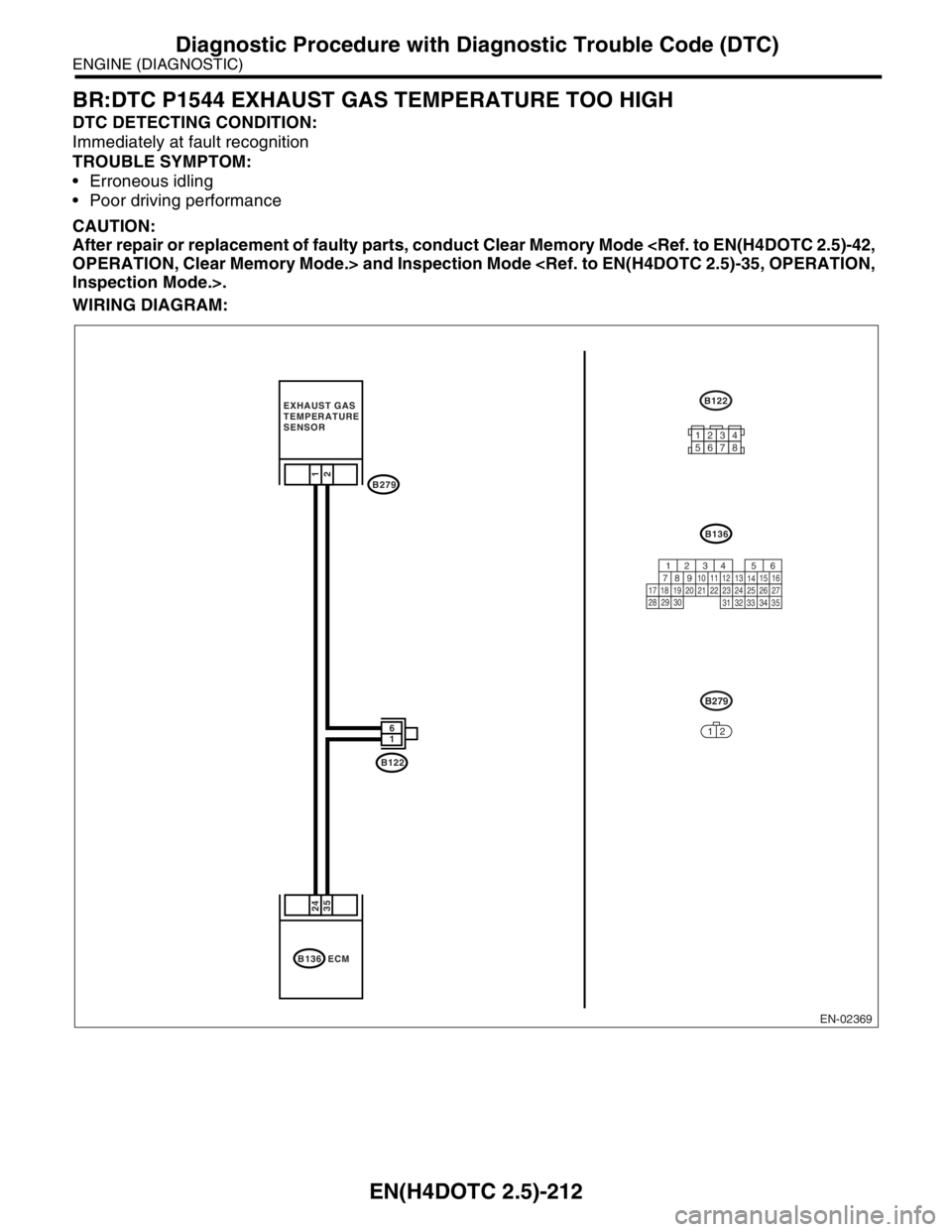 SUBARU FORESTER 2004  Service Repair Manual EN(H4DOTC 2.5)-212
ENGINE (DIAGNOSTIC)
Diagnostic Procedure with Diagnostic Trouble Code (DTC)
BR:DTC P1544 EXHAUST GAS TEMPERATURE TOO HIGH
DTC DETECTING CONDITION:
Immediately at fault recognition
T
