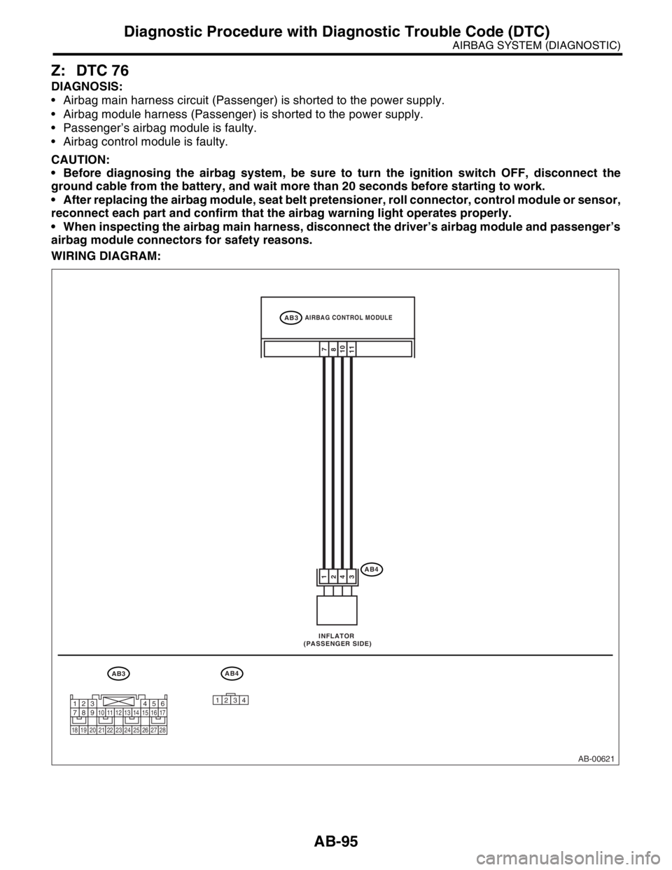 SUBARU FORESTER 2004 Service Repair Manual AB-95
AIRBAG SYSTEM (DIAGNOSTIC)
Diagnostic Procedure with Diagnostic Trouble Code (DTC)
Z: DTC 76
DIAGNOSIS:
Airbag main harness circuit (Passenger) is shorted to the power supply.
Airbag module SUBARU FORESTER 2004 Service Repair Manual AB-95
AIRBAG SYSTEM (DIAGNOSTIC)
Diagnostic Procedure with Diagnostic Trouble Code (DTC)
Z: DTC 76
DIAGNOSIS:
Airbag main harness circuit (Passenger) is shorted to the power supply.
Airbag module