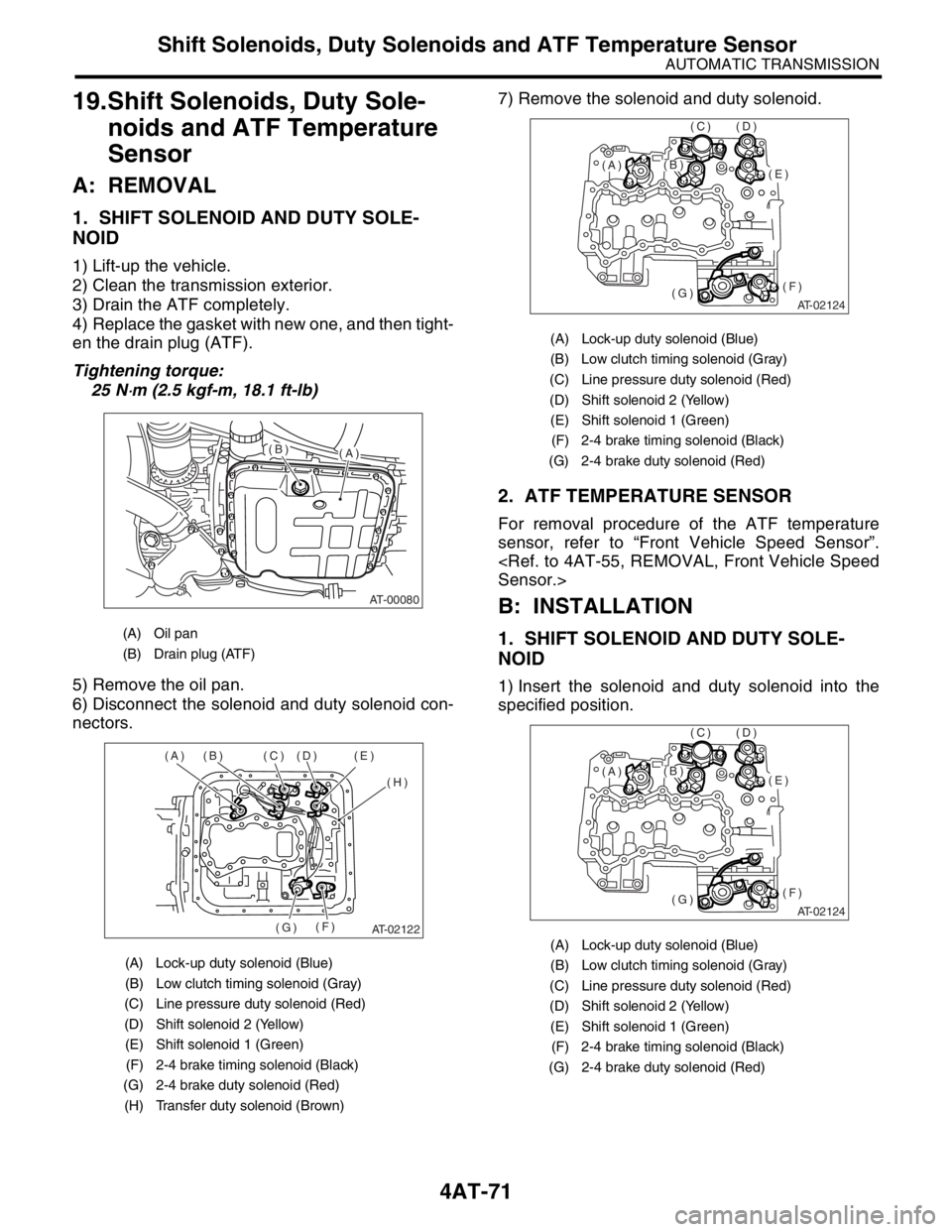 SUBARU FORESTER 2004 Service Repair Manual 4AT-71
AUTOMATIC TRANSMISSION
Shift Solenoids, Duty Solenoids and ATF Temperature Sensor
19.Shift Solenoids, Duty Sole-
noids and ATF Temperature
Sensor
A: REMOVAL
1. SHIFT SOLENOID AND DUTY SOLE-
NO SUBARU FORESTER 2004 Service Repair Manual 4AT-71
AUTOMATIC TRANSMISSION
Shift Solenoids, Duty Solenoids and ATF Temperature Sensor
19.Shift Solenoids, Duty Sole-
noids and ATF Temperature
Sensor
A: REMOVAL
1. SHIFT SOLENOID AND DUTY SOLE-
NO