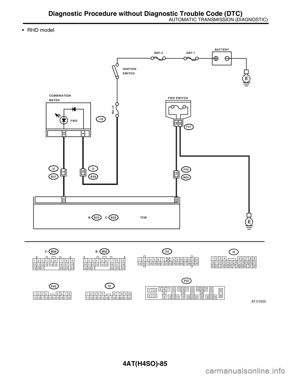 SUBARU FORESTER 2004 Service Repair Manual 4AT(H4SO)-85
AUTOMATIC TRANSMISSION (DIAGNOSTIC)
Diagnostic Procedure without Diagnostic Trouble Code (DTC)
RHD model
AT-01830
BATTERY
1234
56789
10 1112
13 14 15 16 17 18
192021
2223 241234 5 6 7 8 SUBARU FORESTER 2004 Service Repair Manual 4AT(H4SO)-85
AUTOMATIC TRANSMISSION (DIAGNOSTIC)
Diagnostic Procedure without Diagnostic Trouble Code (DTC)
RHD model
AT-01830
BATTERY
1234
56789
10 1112
13 14 15 16 17 18
192021
2223 241234 5 6 7 8