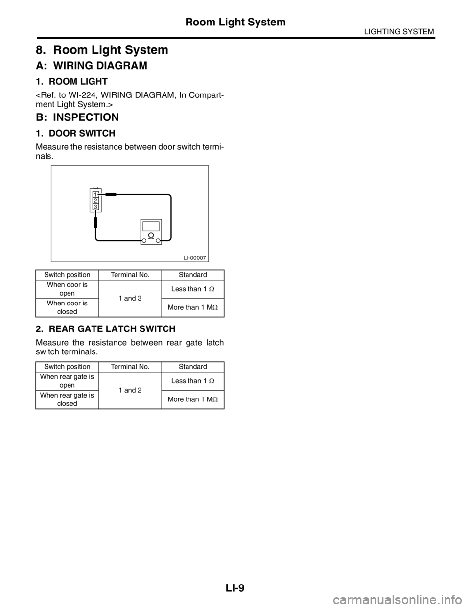 SUBARU FORESTER 2004  Service Repair Manual LI-9
LIGHTING SYSTEM
Room Light System
8. Room Light System
A: WIRING DIAGRAM
1. ROOM LIGHT
<Ref. to WI-224, WIRING DIAGRAM, In Compart-
ment Light System.>
B: INSPECTION
1. DOOR SWITCH
Measure the re