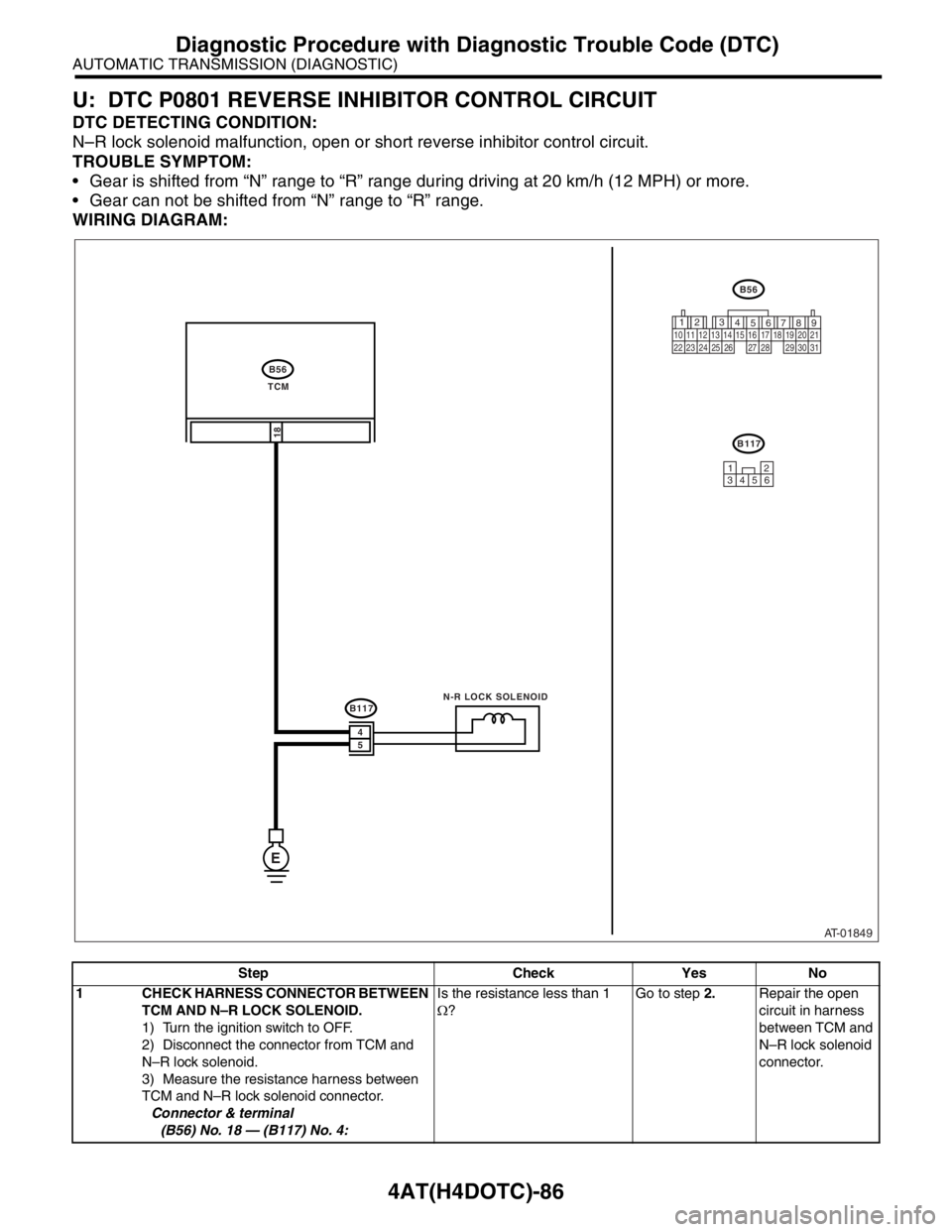 SUBARU FORESTER 2004 Service Repair Manual 4AT(H4DOTC)-86
AUTOMATIC TRANSMISSION (DIAGNOSTIC)
Diagnostic Procedure with Diagnostic Trouble Code (DTC)
U: DTC P0801 REVERSE INHIBITOR CONTROL CIRCUIT
DTC DETECTING CONDITION:
NβR lock solenoid m SUBARU FORESTER 2004 Service Repair Manual 4AT(H4DOTC)-86
AUTOMATIC TRANSMISSION (DIAGNOSTIC)
Diagnostic Procedure with Diagnostic Trouble Code (DTC)
U: DTC P0801 REVERSE INHIBITOR CONTROL CIRCUIT
DTC DETECTING CONDITION:
NβR lock solenoid m