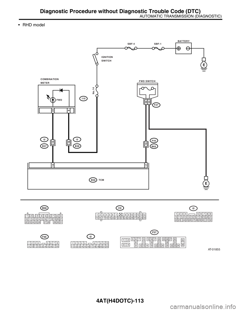 SUBARU FORESTER 2004 Service Repair Manual 4AT(H4DOTC)-113
AUTOMATIC TRANSMISSION (DIAGNOSTIC)
Diagnostic Procedure without Diagnostic Trouble Code (DTC)
RHD model
AT-01855
BATTERY
123456
78 9 10 1112
13
14
15 16 17
1819
2021
2223
24
2526
27 SUBARU FORESTER 2004 Service Repair Manual 4AT(H4DOTC)-113
AUTOMATIC TRANSMISSION (DIAGNOSTIC)
Diagnostic Procedure without Diagnostic Trouble Code (DTC)
RHD model
AT-01855
BATTERY
123456
78 9 10 1112
13
14
15 16 17
1819
2021
2223
24
2526
27