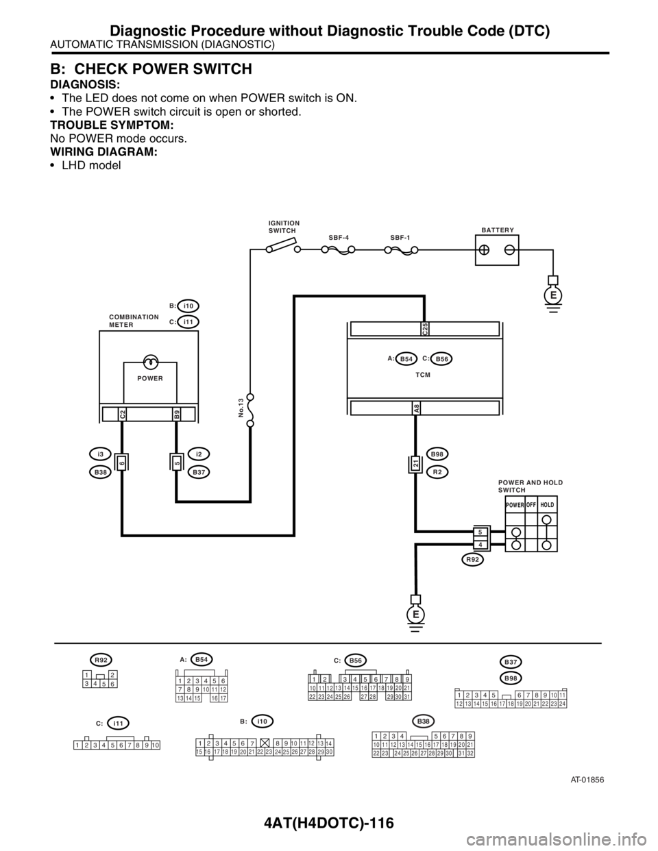 SUBARU FORESTER 2004 Service Repair Manual 4AT(H4DOTC)-116
AUTOMATIC TRANSMISSION (DIAGNOSTIC)
Diagnostic Procedure without Diagnostic Trouble Code (DTC)
B: CHECK POWER SWITCH
DIAGNOSIS:
The LED does not come on when POWER switch is ON.
Th SUBARU FORESTER 2004 Service Repair Manual 4AT(H4DOTC)-116
AUTOMATIC TRANSMISSION (DIAGNOSTIC)
Diagnostic Procedure without Diagnostic Trouble Code (DTC)
B: CHECK POWER SWITCH
DIAGNOSIS:
The LED does not come on when POWER switch is ON.
Th