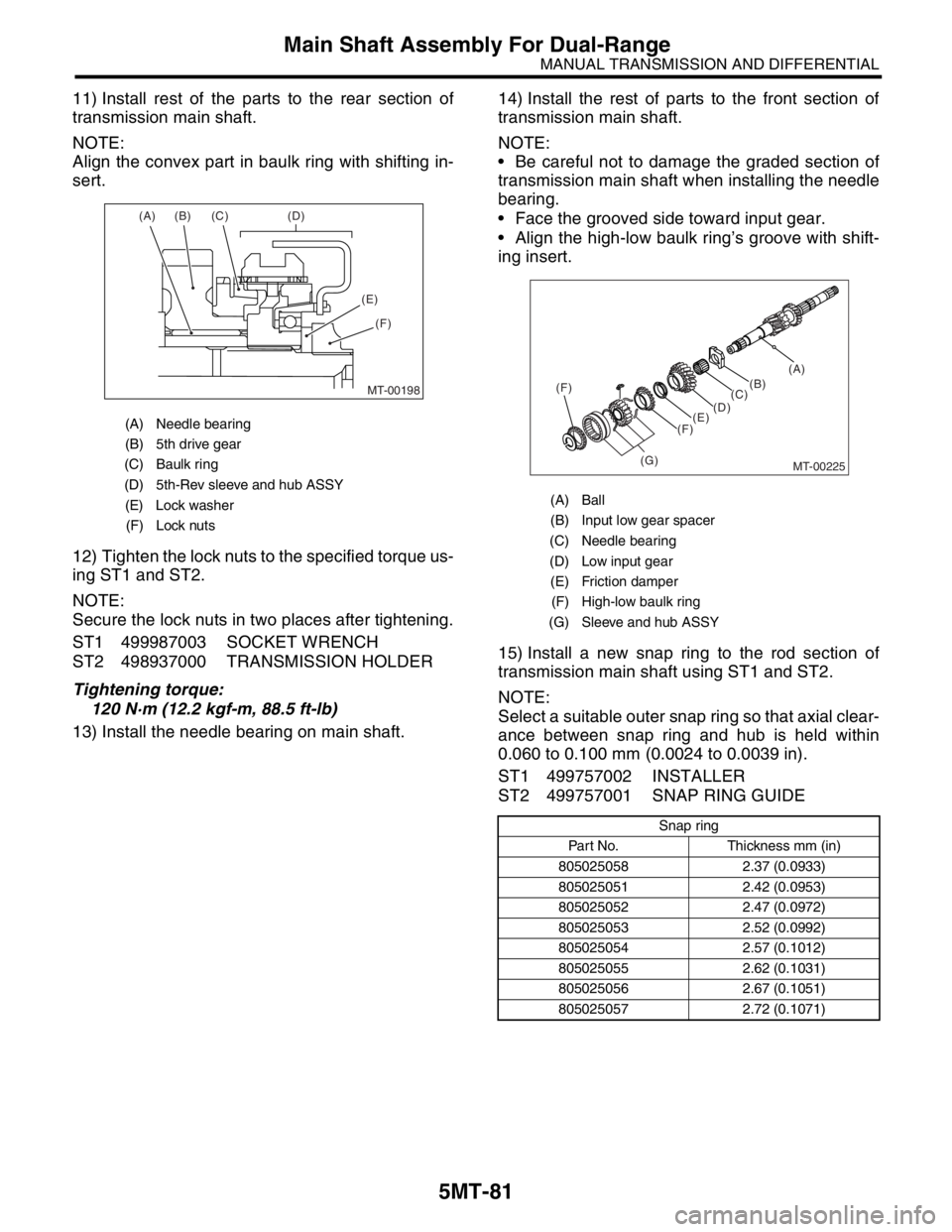 SUBARU FORESTER 2004 Service Repair Manual 5MT-81
MANUAL TRANSMISSION AND DIFFERENTIAL
Main Shaft Assembly For Dual-Range
11) Install rest of the parts to the rear section of
transmission main shaft.
NOTE:
Align the convex part in baulk ring w SUBARU FORESTER 2004 Service Repair Manual 5MT-81
MANUAL TRANSMISSION AND DIFFERENTIAL
Main Shaft Assembly For Dual-Range
11) Install rest of the parts to the rear section of
transmission main shaft.
NOTE:
Align the convex part in baulk ring w