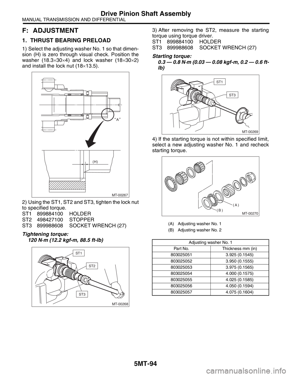 SUBARU FORESTER 2004 Service Repair Manual 5MT-94
MANUAL TRANSMISSION AND DIFFERENTIAL
Drive Pinion Shaft Assembly
F: ADJUSTMENT
1. THRUST BEARING PRELOAD
1) Select the adjusting washer No. 1 so that dimen-
sion (H) is zero through visual chec SUBARU FORESTER 2004 Service Repair Manual 5MT-94
MANUAL TRANSMISSION AND DIFFERENTIAL
Drive Pinion Shaft Assembly
F: ADJUSTMENT
1. THRUST BEARING PRELOAD
1) Select the adjusting washer No. 1 so that dimen-
sion (H) is zero through visual chec