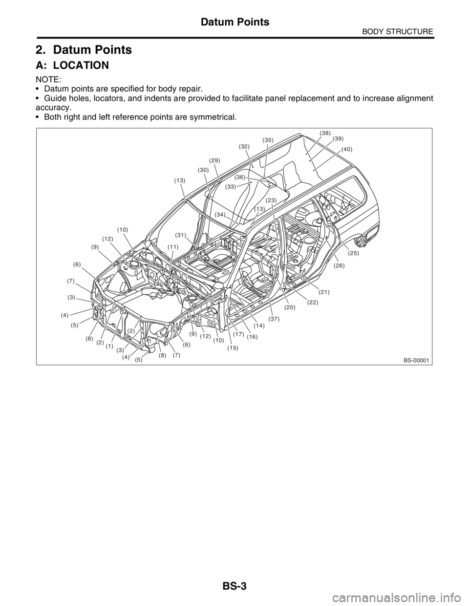 SUBARU FORESTER 2004  Service Repair Manual BS-3
BODY STRUCTURE
Datum Points
2. Datum Points
A: LOCATION
NOTE:
 Datum points are specified for body repair.
 Guide holes, locators, and indents are provided to facilitate panel replacement and t