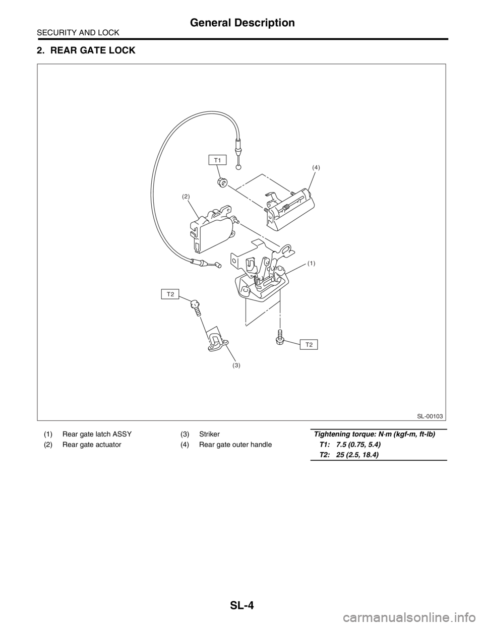 SUBARU FORESTER 2004 Service Repair Manual SL-4
SECURITY AND LOCK
General Description
2. REAR GATE LOCK
(1) Rear gate latch ASSY (3) Striker Tightening torque: N⋅m (kgf-m, ft-lb)
(2) Rear gate actuator (4) Rear gate outer handleT1: 7.5 (0.75 SUBARU FORESTER 2004 Service Repair Manual SL-4
SECURITY AND LOCK
General Description
2. REAR GATE LOCK
(1) Rear gate latch ASSY (3) Striker Tightening torque: N⋅m (kgf-m, ft-lb)
(2) Rear gate actuator (4) Rear gate outer handleT1: 7.5 (0.75