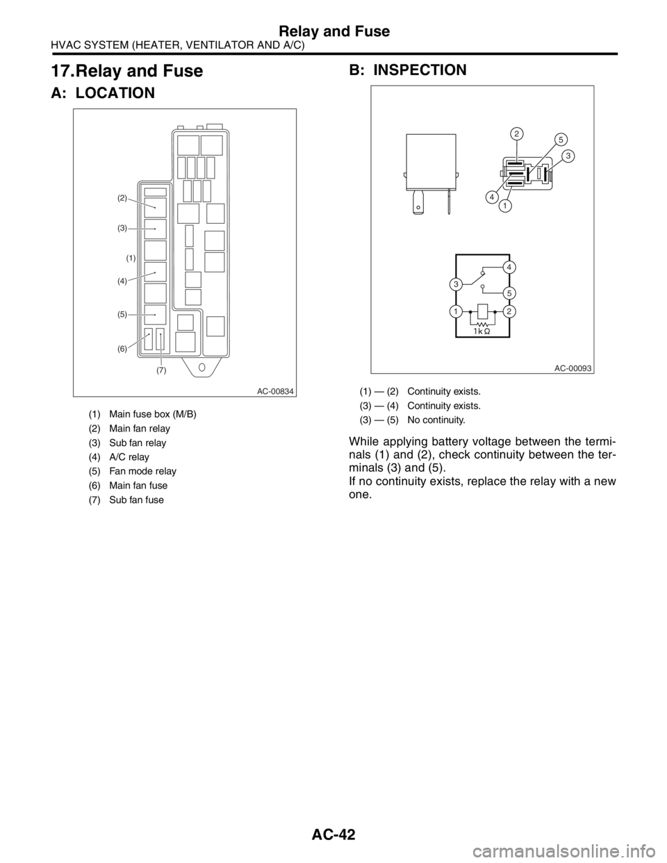 SUBARU FORESTER 2004  Service Service Manual AC-42
HVAC SYSTEM (HEATER, VENTILATOR AND A/C)
Relay and Fuse
17.Relay and Fuse
A: LOCATIONB: INSPECTION
While applying battery voltage between the termi-
nals (1) and (2), check continuity between th