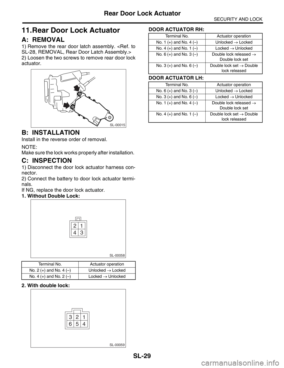 SUBARU FORESTER 2004 Service Repair Manual SL-29
SECURITY AND LOCK
Rear Door Lock Actuator
11.Rear Door Lock Actuator
A: REMOVAL
1) Remove the rear door latch assembly. <Ref. to
SL-28, REMOVAL, Rear Door Latch Assembly.>
2) Loosen the two scre SUBARU FORESTER 2004 Service Repair Manual SL-29
SECURITY AND LOCK
Rear Door Lock Actuator
11.Rear Door Lock Actuator
A: REMOVAL
1) Remove the rear door latch assembly. <Ref. to
SL-28, REMOVAL, Rear Door Latch Assembly.>
2) Loosen the two scre