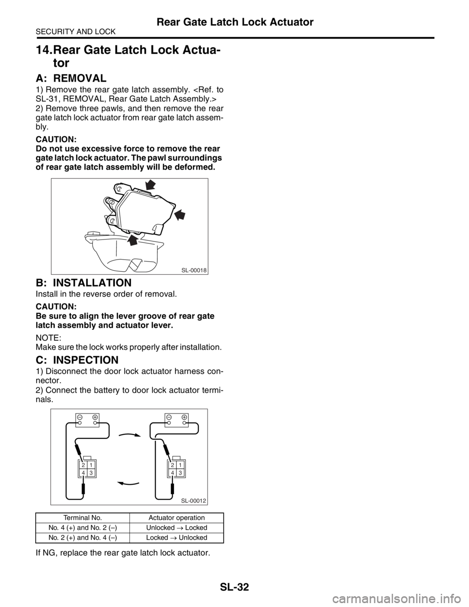 SUBARU FORESTER 2004  Service Repair Manual SL-32
SECURITY AND LOCK
Rear Gate Latch Lock Actuator
14.Rear Gate Latch Lock Actua-
tor
A: REMOVAL
1) Remove the rear gate latch assembly. <Ref. to
SL-31, REMOVAL, Rear Gate Latch Assembly.>
2) Remov