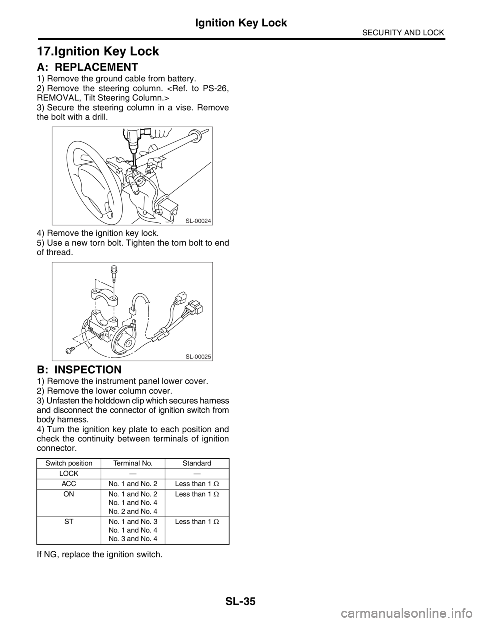 SUBARU FORESTER 2004  Service Repair Manual SL-35
SECURITY AND LOCK
Ignition Key Lock
17.Ignition Key Lock
A: REPLACEMENT
1) Remove the ground cable from battery.
2) Remove the steering column. <Ref. to PS-26,
REMOVAL, Tilt Steering Column.>
3)