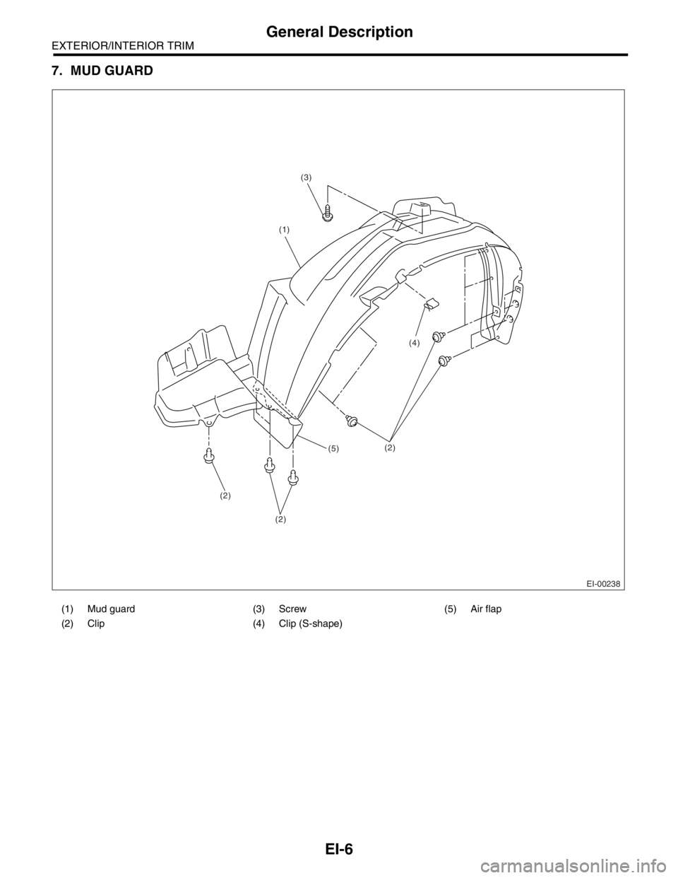 SUBARU FORESTER 2004  Service Repair Manual EI-6
EXTERIOR/INTERIOR TRIM
General Description
7. MUD GUARD
(1) Mud guard (3) Screw (5) Air flap
(2) Clip (4) Clip (S-shape)
EI-00238
(4)
(2) (1)(3)
(5)
(2) (2) 