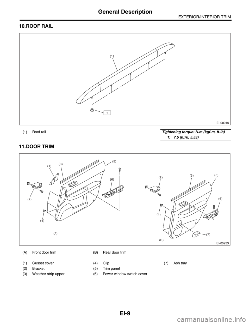 SUBARU FORESTER 2004  Service Repair Manual EI-9
EXTERIOR/INTERIOR TRIM
General Description
10.ROOF RAIL
11.DOOR TRIM
(1) Roof railTightening torque: N·m (kgf-m, ft-lb)
T: 7.5 (0.76, 5.53)
(A) Front door trim (B) Rear door trim
(1) Gusset cove