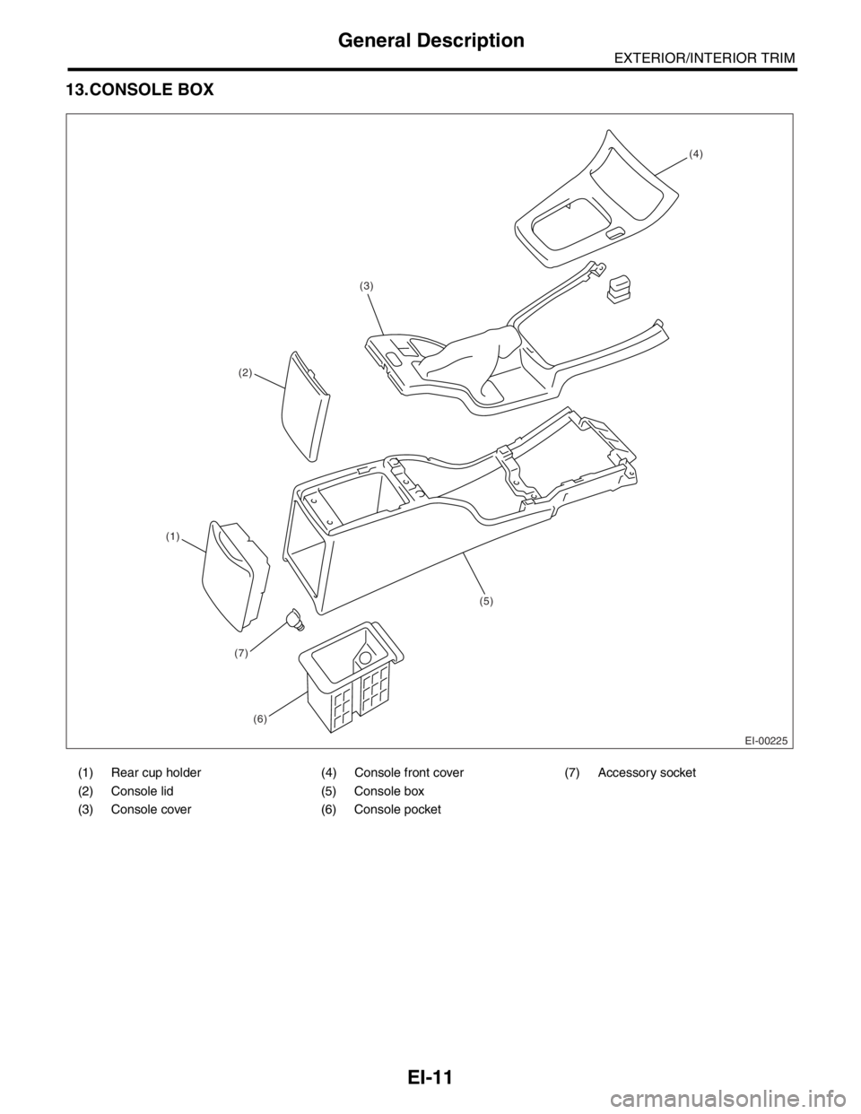 SUBARU FORESTER 2004  Service Repair Manual EI-11
EXTERIOR/INTERIOR TRIM
General Description
13.CONSOLE BOX
(1) Rear cup holder (4) Console front cover (7) Accessory socket
(2) Console lid (5) Console box
(3) Console cover (6) Console pocket
EI