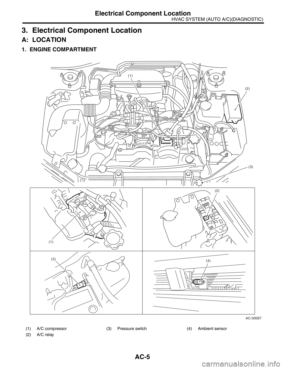 SUBARU FORESTER 2004 Service Manual PDF AC-5
HVAC SYSTEM (AUTO A/C)(DIAGNOSTIC)
Electrical Component Location
3. Electrical Component Location
A: LOCATION
1. ENGINE COMPARTMENT
(1) A/C compressor (3) Pressure switch (4) Ambient sensor
(2) A SUBARU FORESTER 2004 Service Manual PDF AC-5
HVAC SYSTEM (AUTO A/C)(DIAGNOSTIC)
Electrical Component Location
3. Electrical Component Location
A: LOCATION
1. ENGINE COMPARTMENT
(1) A/C compressor (3) Pressure switch (4) Ambient sensor
(2) A