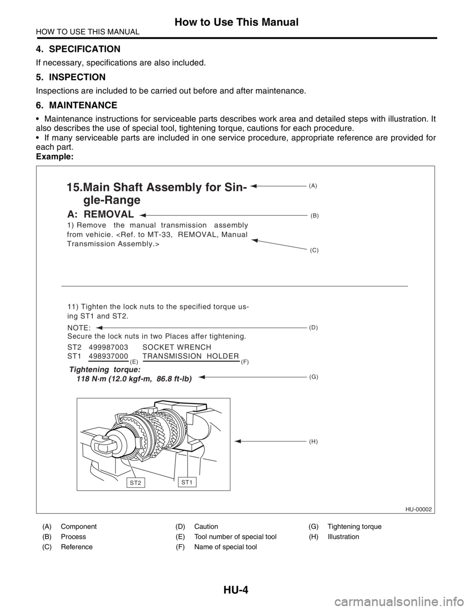 SUBARU FORESTER 2004 Service Repair Manual HU-4
HOW TO USE THIS MANUAL
How to Use This Manual
4. SPECIFICATION
If necessary, specifications are also included.
5. INSPECTION
Inspections are included to be carried out before and after maintenan SUBARU FORESTER 2004 Service Repair Manual HU-4
HOW TO USE THIS MANUAL
How to Use This Manual
4. SPECIFICATION
If necessary, specifications are also included.
5. INSPECTION
Inspections are included to be carried out before and after maintenan