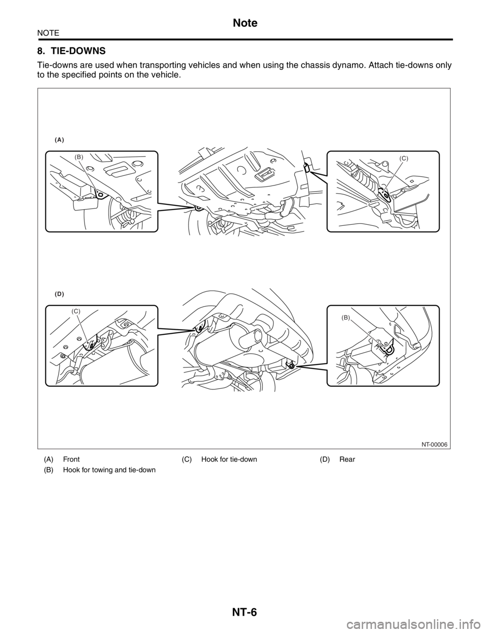SUBARU FORESTER 2004  Service Repair Manual NT-6
NOTE
Note
8. TIE-DOWNS
Tie-downs are used when transporting vehicles and when using the chassis dynamo. Attach tie-downs only
to the specified points on the vehicle. 
(A) Front (C) Hook for tie-d