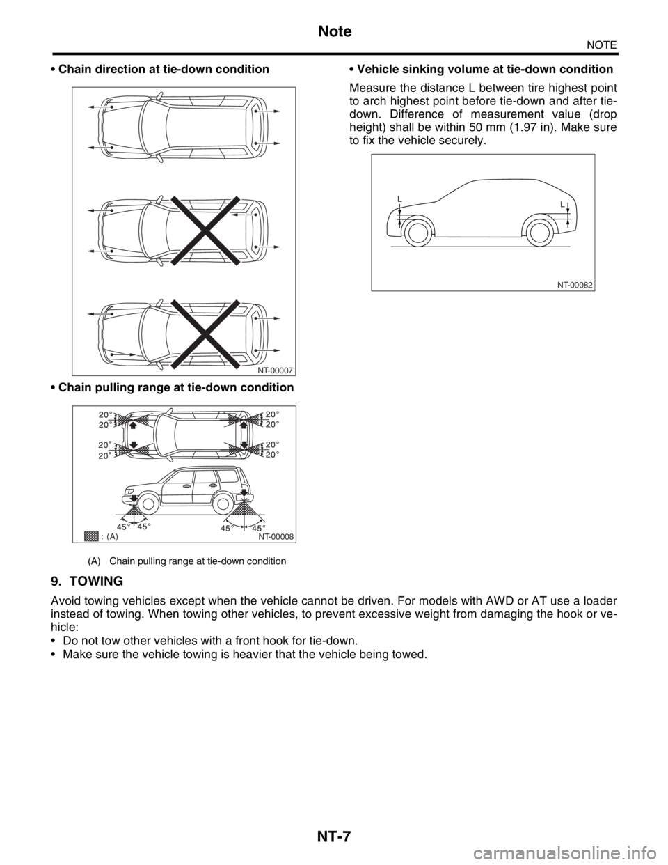 SUBARU FORESTER 2004  Service Repair Manual NT-7
NOTE
Note
 Chain direction at tie-down condition
 Chain pulling range at tie-down condition Vehicle sinking volume at tie-down condition
Measure the distance L between tire highest point
to ar