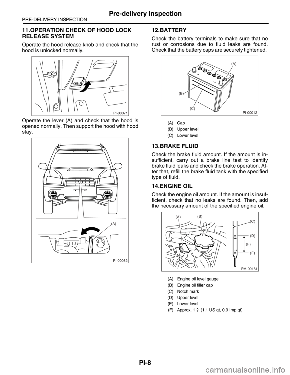 SUBARU FORESTER 2004  Service Repair Manual PI-8
PRE-DELIVERY INSPECTION
Pre-delivery Inspection
11.OPERATION CHECK OF HOOD LOCK 
RELEASE SYSTEM
Operate the hood release knob and check that the
hood is unlocked normally. 
Operate the lever (A) 