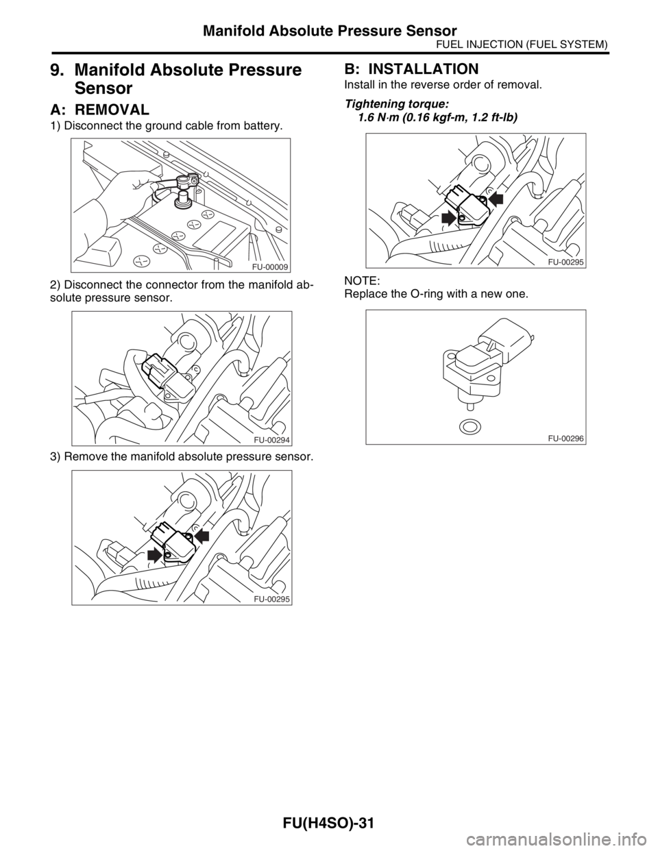 SUBARU FORESTER 2004  Service Repair Manual FU(H4SO)-31
FUEL INJECTION (FUEL SYSTEM)
Manifold Absolute Pressure Sensor
9. Manifold Absolute Pressure 
Sensor
A: REMOVAL
1) Disconnect the ground cable from battery.
2) Disconnect the connector fro