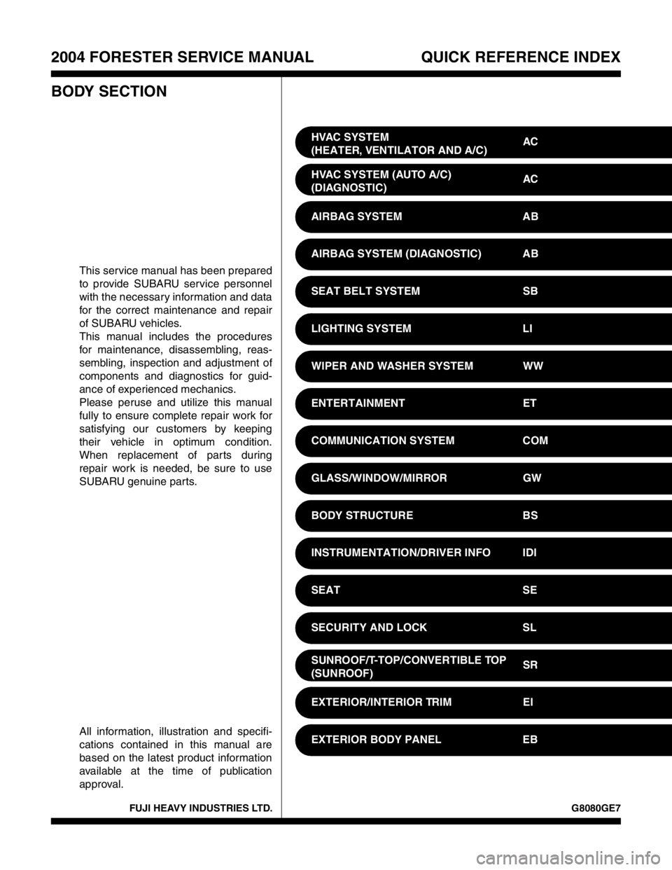 SUBARU FORESTER 2004  Service Repair Manual FUJI HEAVY INDUSTRIES LTD. G8080GE7
2004 FORESTER SERVICE MANUAL QUICK REFERENCE INDEX
BODY SECTION
This service manual has been prepared
to provide SUBARU service personnel
with the necessary informa