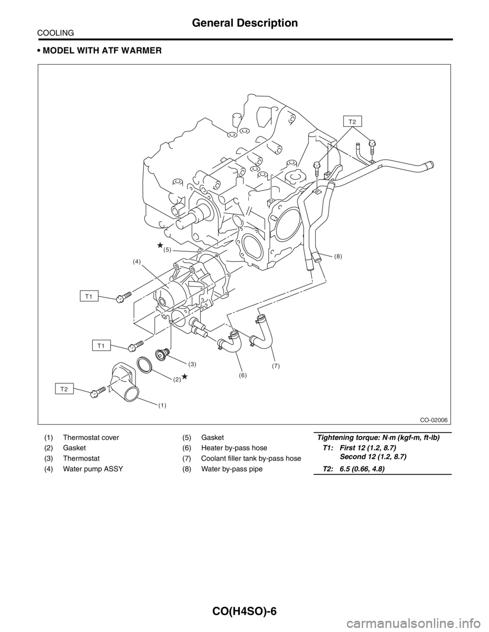 SUBARU FORESTER 2004  Service Repair Manual CO(H4SO)-6
COOLING
General Description
 MODEL WITH ATF WARMER
(1) Thermostat cover (5) GasketTightening torque: N⋅m (kgf-m, ft-lb)
(2) Gasket (6) Heater by-pass hoseT1: First 12 (1.2, 8.7)
Second 1
