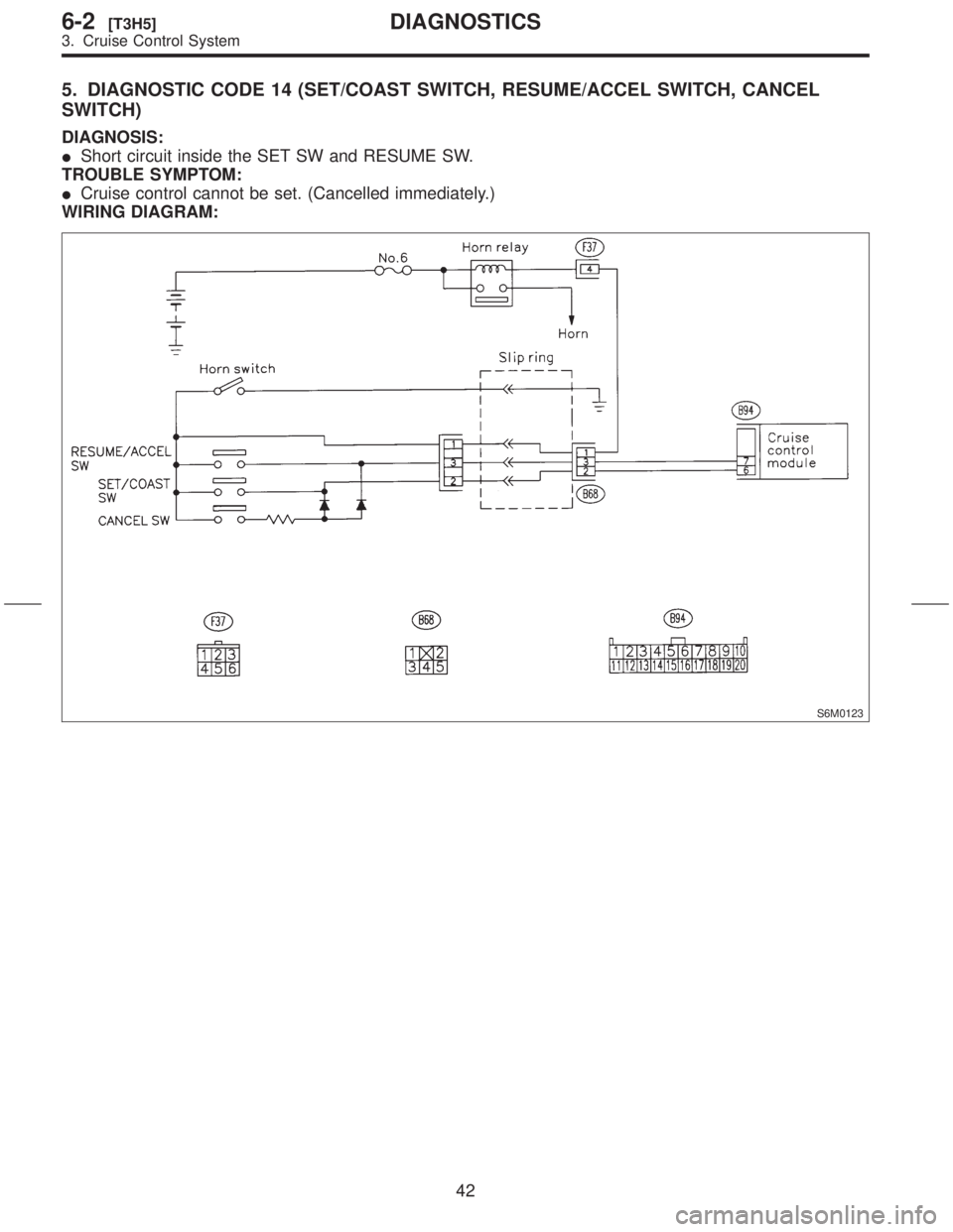 SUBARU FORESTER 1999  Service Repair Manual 5. DIAGNOSTIC CODE 14 (SET/COAST SWITCH, RESUME/ACCEL SWITCH, CANCEL
SWITCH)
DIAGNOSIS:
IShort circuit inside the SET SW and RESUME SW.
TROUBLE SYMPTOM:
ICruise control cannot be set. (Cancelled immed