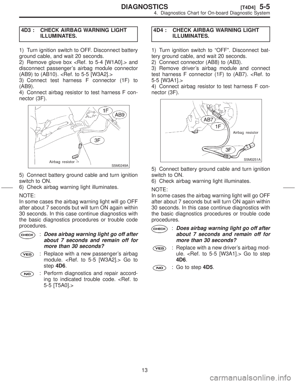 SUBARU FORESTER 1999  Service Repair Manual 4D3 : CHECK AIRBAG WARNING LIGHT
ILLUMINATES.
1) Turn ignition switch to OFF. Disconnect battery
ground cable, and wait 20 seconds.
2) Remove glove box <Ref. to 5-4 [W1A0].> and
disconnect passengers