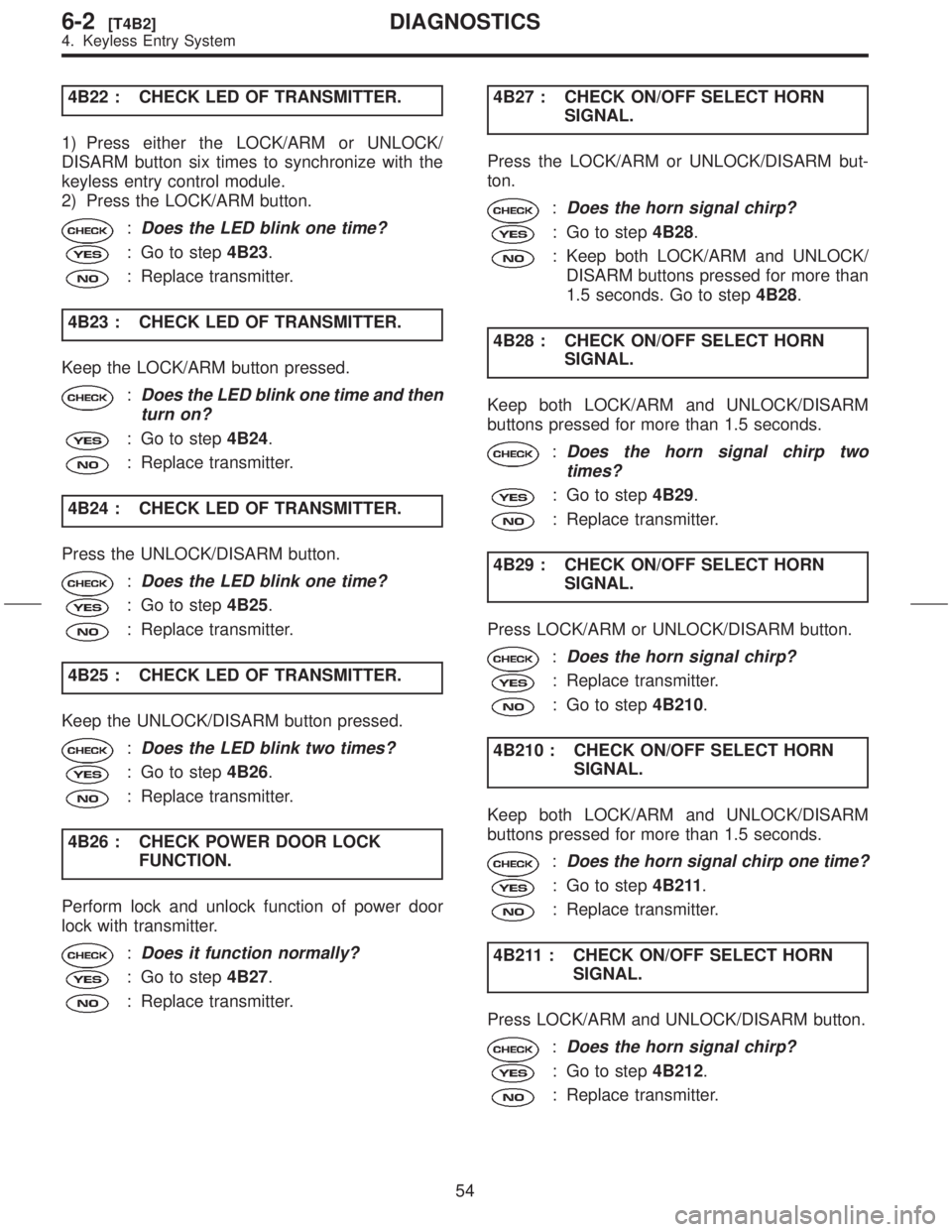 SUBARU FORESTER 1999  Service Repair Manual 4B22 : CHECK LED OF TRANSMITTER.
1) Press either the LOCK/ARM or UNLOCK/
DISARM button six times to synchronize with the
keyless entry control module.
2) Press the LOCK/ARM button.
:Does the LED blink