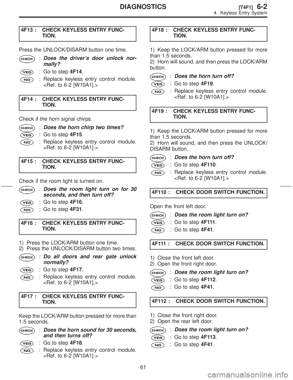 SUBARU FORESTER 1999  Service Repair Manual 4F13 : CHECK KEYLESS ENTRY FUNC-
TION.
Press the UNLOCK/DISARM button one time.
:Does the drivers door unlock nor-
mally?
: Go to step4F14.
: Replace keyless entry control module.
<Ref. to 6-2 [W10A1