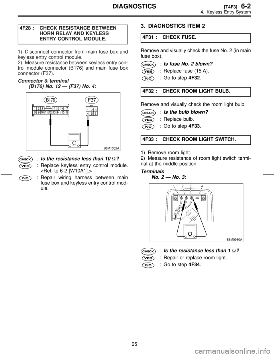 SUBARU FORESTER 1999  Service Repair Manual 4F28 : CHECK RESISTANCE BETWEEN
HORN RELAY AND KEYLESS
ENTRY CONTROL MODULE.
1) Disconnect connector from main fuse box and
keyless entry control module.
2) Measure resistance between keyless entry co