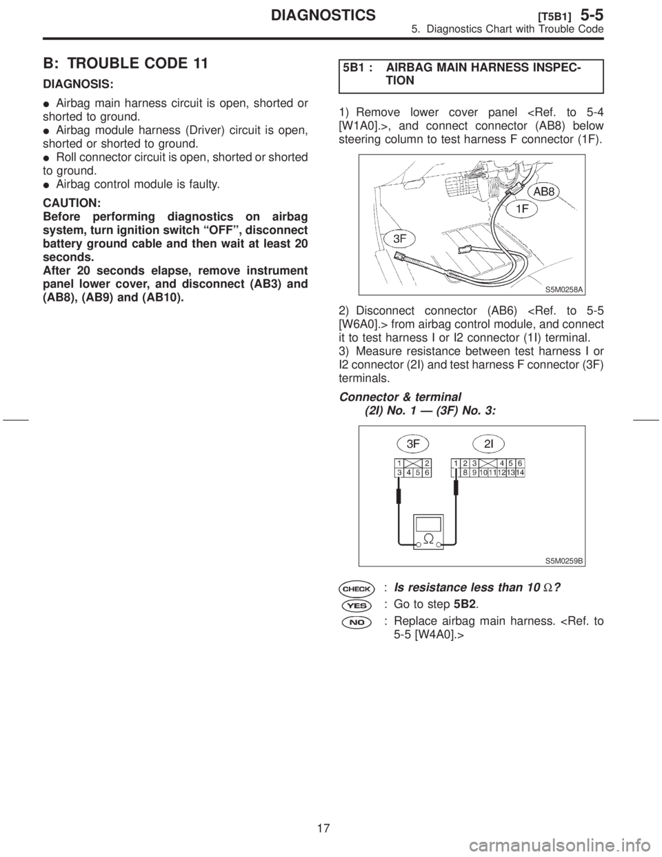 SUBARU FORESTER 1999 Service User Guide B: TROUBLE CODE 11
DIAGNOSIS:
IAirbag main harness circuit is open, shorted or
shorted to ground.
IAirbag module harness (Driver) circuit is open,
shorted or shorted to ground.
IRoll connector circuit SUBARU FORESTER 1999 Service User Guide B: TROUBLE CODE 11
DIAGNOSIS:
IAirbag main harness circuit is open, shorted or
shorted to ground.
IAirbag module harness (Driver) circuit is open,
shorted or shorted to ground.
IRoll connector circuit