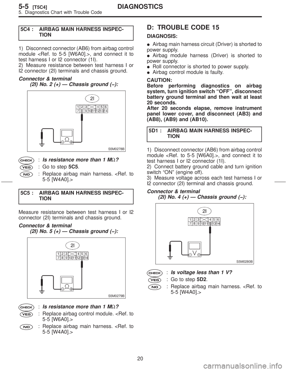 SUBARU FORESTER 1999  Service User Guide 5C4 : AIRBAG MAIN HARNESS INSPEC-
TION
1) Disconnect connector (AB6) from airbag control
module <Ref. to 5-5 [W6A0].>, and connect it to
test harness I or I2 connector (1I).
2) Measure resistance betw