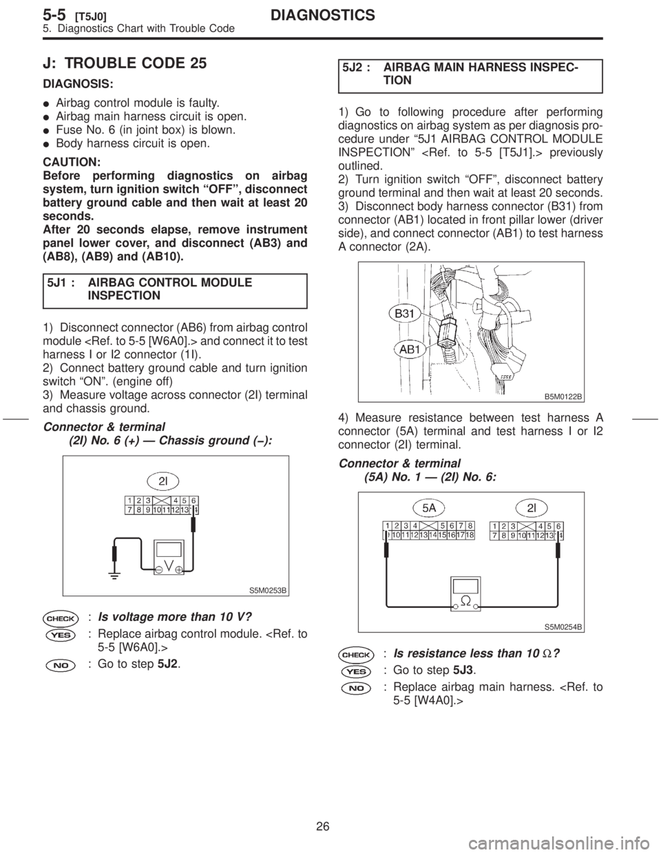 SUBARU FORESTER 1999 Service Owners Manual J: TROUBLE CODE 25
DIAGNOSIS:
IAirbag control module is faulty.
IAirbag main harness circuit is open.
IFuse No. 6 (in joint box) is blown.
IBody harness circuit is open.
CAUTION:
Before performing dia SUBARU FORESTER 1999 Service Owners Manual J: TROUBLE CODE 25
DIAGNOSIS:
IAirbag control module is faulty.
IAirbag main harness circuit is open.
IFuse No. 6 (in joint box) is blown.
IBody harness circuit is open.
CAUTION:
Before performing dia
