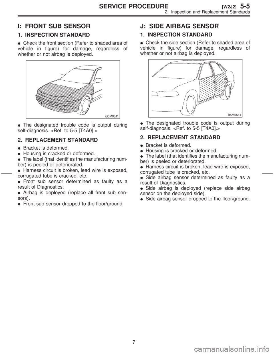 SUBARU FORESTER 1999  Service Repair Manual I: FRONT SUB SENSOR
1. INSPECTION STANDARD
ICheck the front section (Refer to shaded area of
vehicle in figure) for damage, regardless of
whether or not airbag is deployed.
G5M0311
IThe designated tro