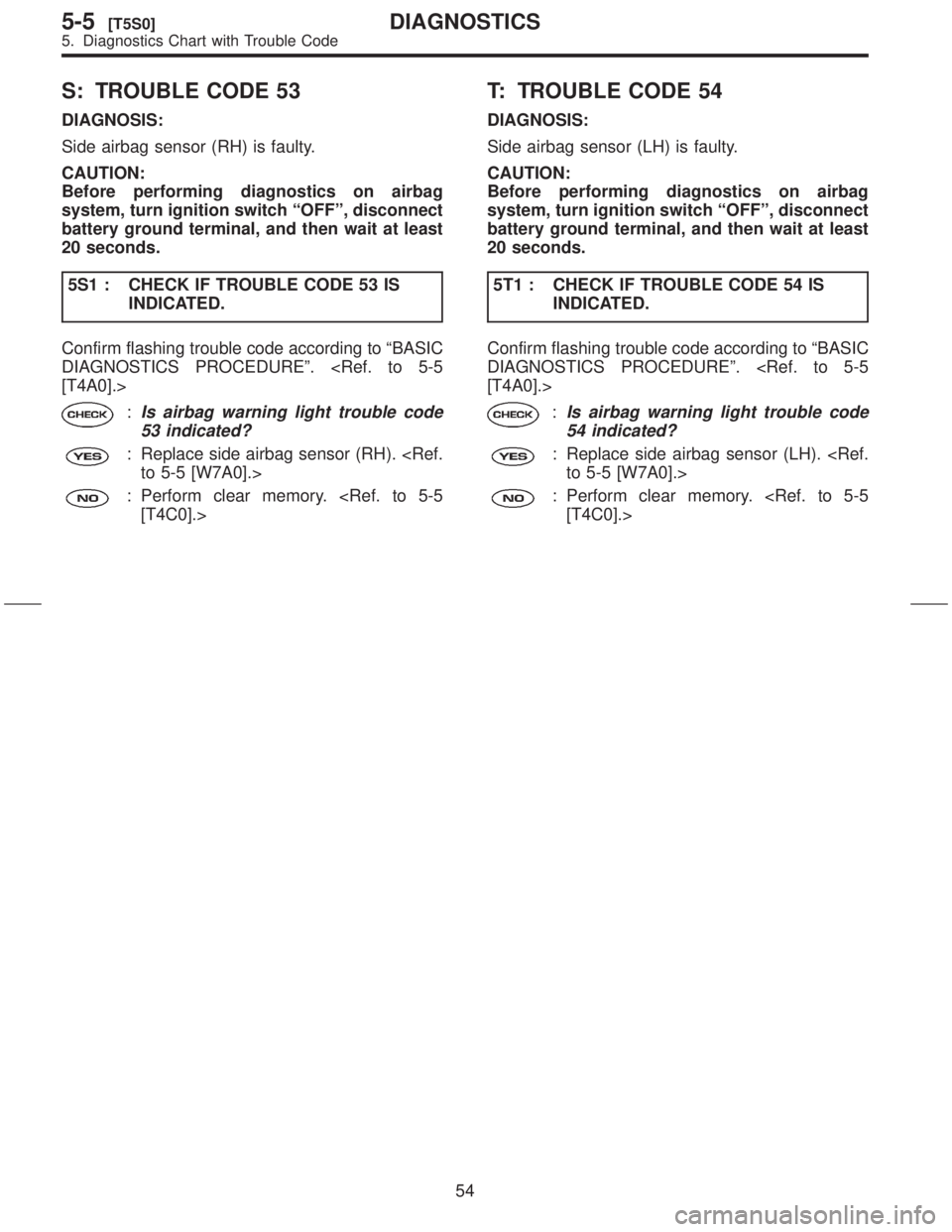 SUBARU FORESTER 1999  Service Workshop Manual S: TROUBLE CODE 53
DIAGNOSIS:
Side airbag sensor (RH) is faulty.
CAUTION:
Before performing diagnostics on airbag
system, turn ignition switch ªOFFº, disconnect
battery ground terminal, and then wai